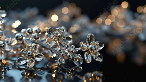  a close - up of a bunch of diamonds on a reflective surface with a reflection of the diamond in the middle of the image.