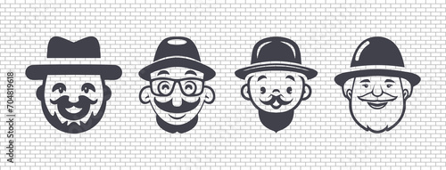 Vector set of graphic simple icons. Portraits of cheerful smiling mustachioed men in a hat. Stickers of kind bearded grandfathers.