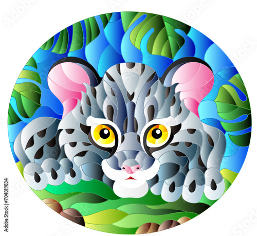Illustration in stained glass style with baby leopard on the hunt, animal on the background of tropical leaves, oval image