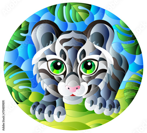 Illustration in stained glass style with baby tiger on the hunt, animal on the background of tropical leaves, oval image