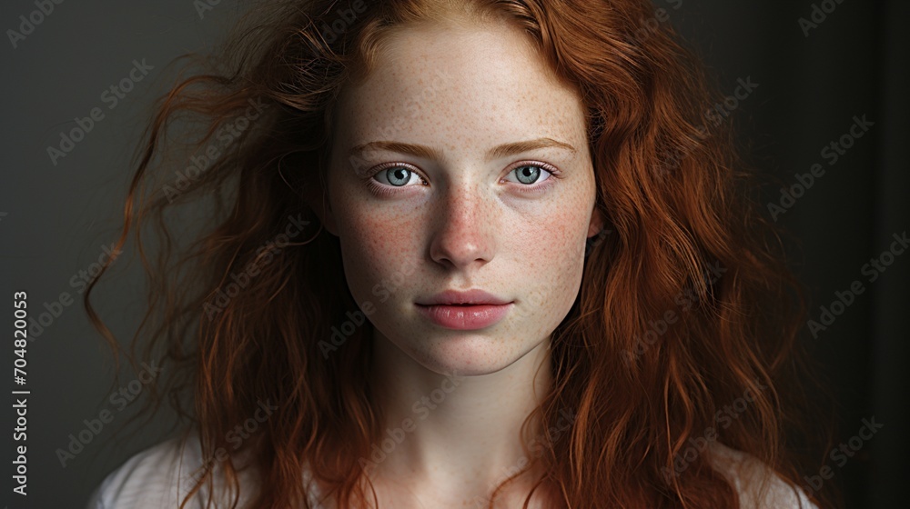 Fototapeta premium Beautiful face of young white woman and freckles sensitive skin