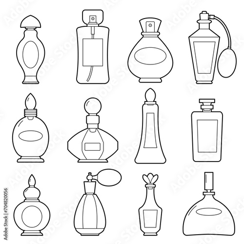 Set bottles of perfume on a white background. Black-and-white outline Illustration, design elements.