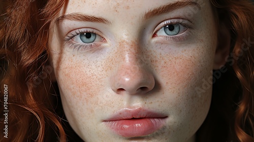 Beautiful face of young white woman and freckles sensitive skin