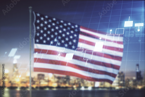 Multi exposure of virtual creative financial chart hologram on USA flag and blurry skyscrapers background  research and analytics concept