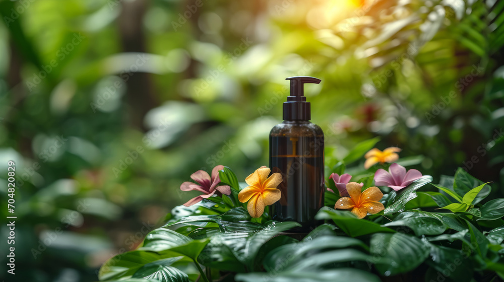 Minimalist women's cosmetics packaging Product In the lush summer garden, the delicate pink floral beauty of the tropical flower stood out among the vibrant green leaves, serene spa ambiance with its Minimalist women's cosmetics packaging Product In the lush summer garden, the delicate pink floral beauty of the tropical flower stood out among the vibrant green leaves, serene spa ambiance with its