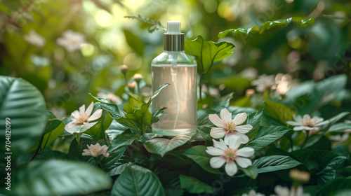 Minimalist women's cosmetics packaging Product In the lush summer garden, the delicate pink floral beauty of the tropical flower stood out among the vibrant green leaves, serene spa ambiance with its