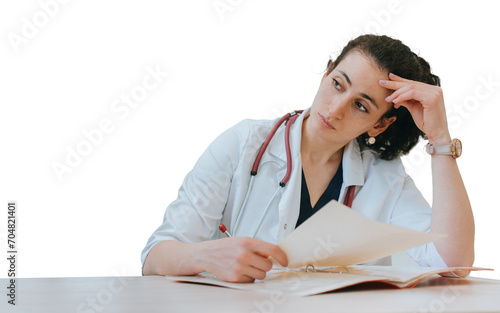 Tired doctor sitting at desk thoughtfully looks away holds diagnosis of patient. Upset medical employee at against transparent background. Exhausted nurse