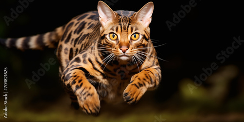 Bengal Cat Mid-Air Leap on Black Background
