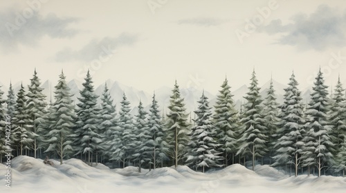 A stand of evergreen trees covered in snow, depicting the serene beauty of a winter landscape and the resilience of nature. © Sajawal
