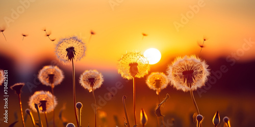 field of wheat White petaled dandelion flower in blue Dandelion seeds blowing in the wind change growth movement and direction concept Dandelion develops in the wind A flower at sunrise in a field Cre