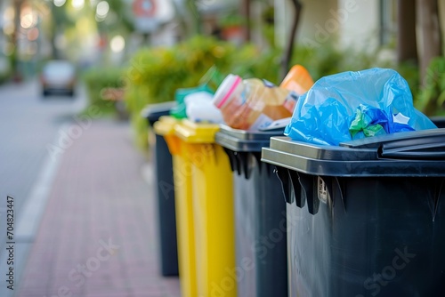 Recycling bins. Trash cans in a row in the city.