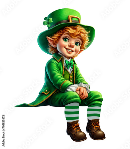 A happy young Leprechaun for St. Patrick's Day sitting on a flat ledge isolated on a transparent background