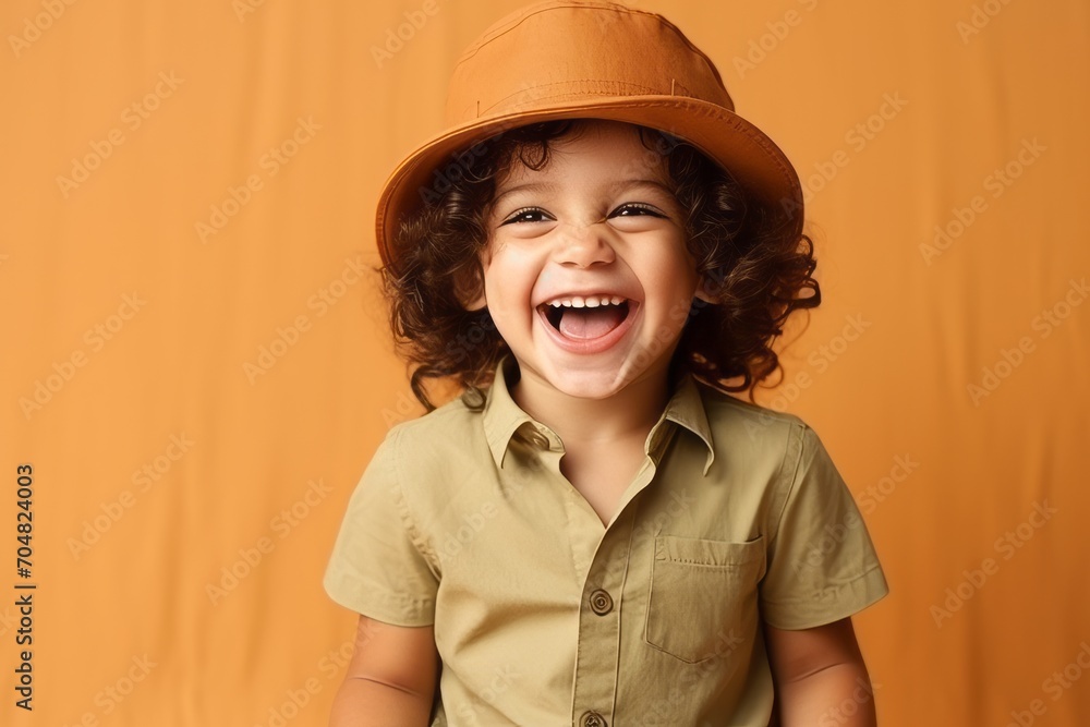 Portrait of a cute little boy wearing a cap over orange background Portrait of a cute little boy wearing a cap over orange background