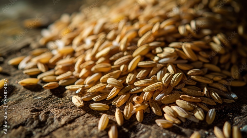a pile of wheat sitting on top of a piece of wood next to a pile of other grain on top of a piece of wood. a pile of wheat sitting on top of a piece of wood next to a pile of other grain on top of a piece of wood.