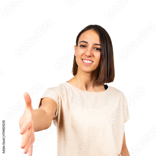 Wallpaper Mural Brunette woman offering hand at camera Torontodigital.ca