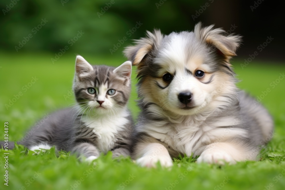 cat and dog are looking at camera. kitten and puppy are lying side by side. Friends.