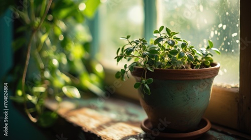  a potted plant sitting on a window sill next to a window sill with green plants growing out of it.