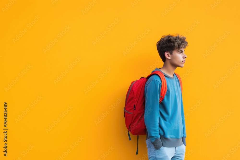 Student with backpack standing in front of a vibrant yellow background Student with backpack standing in front of a vibrant yellow background