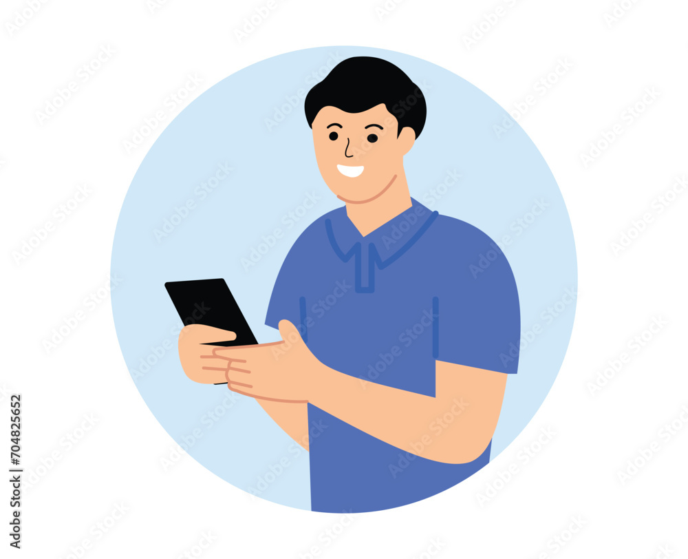 Cartoon young man sharing life moments at social networks or woman holding smartphone