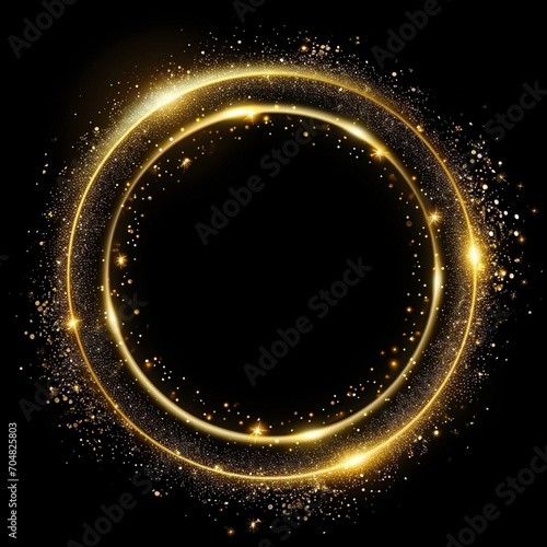Gold glitter circle of light shine sparkles and golden spark particles in circle frame on black background, ai technology