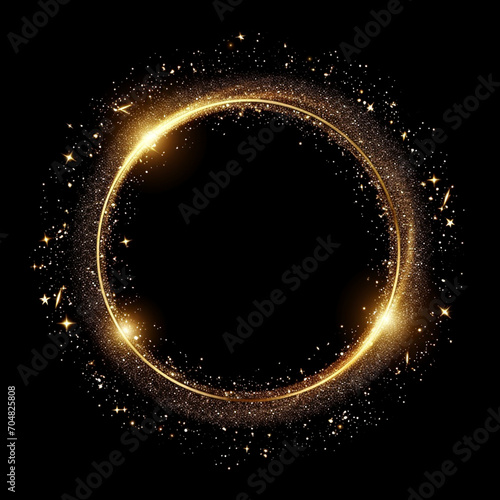 Gold glitter circle of light shine sparkles and golden spark particles in circle frame on black background, ai technology