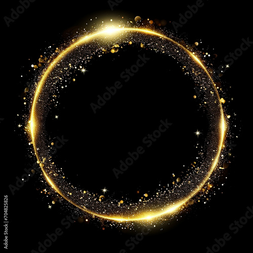Gold glitter circle of light shine sparkles and golden spark particles in circle frame on black background, ai technology