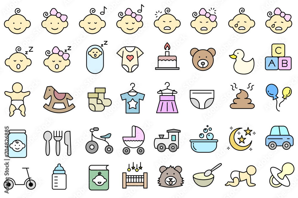 Fototapeta premium Color line icon collection about baby care