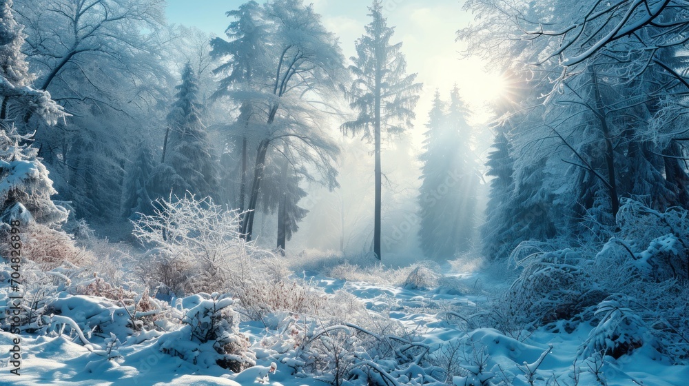  the sun shines through the trees in the snow covered forest with snow on the ground and trees in the foreground.