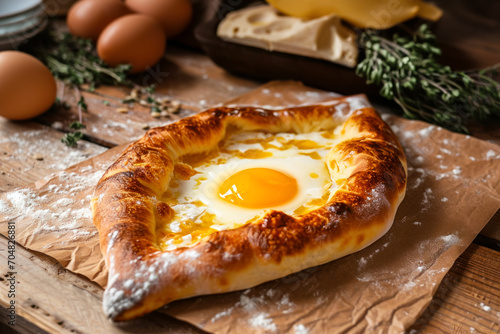 Traditional Adjarian khachapuri, fresh baked goods in the shape of a boat with cheese, egg and butter, gastronomic tourism and travel to popular places, idea for advertising or menu