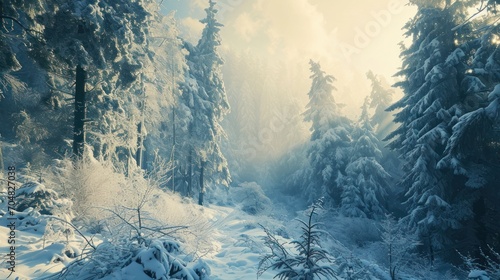  the sun shines through the foggy trees in a snowy area with snow on the ground and trees in the foreground.