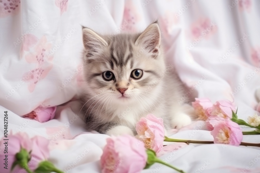 Little cute kitten with pink flowers