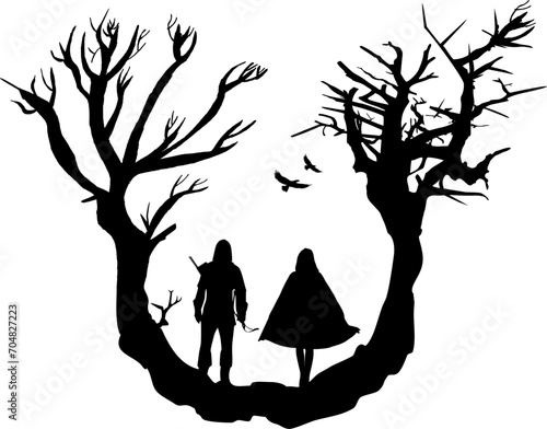 Surreale Vektor Silhouette - Fantasy Szene - Magierin und Jäger mit knorrigen Bäumen