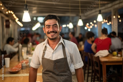 A Latin American man smiles at the camera against the background of a bar, cafe.