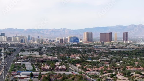 The Las Vegas strip skyline against the mountains; scenic aerial view