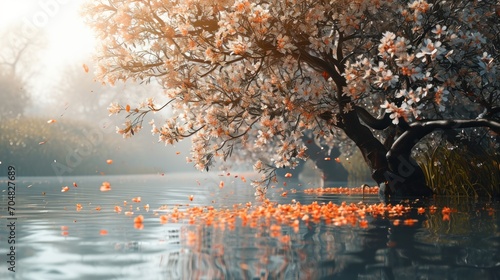  a painting of a tree in the middle of a body of water with orange petals floating on the water's surface.