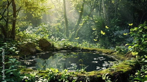  a pond in the middle of a forest filled with lots of green plants and a rock in the middle of the pond.