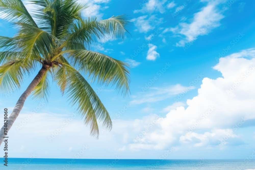 Coconut palm tree on tropical beach with blue sky and sea background