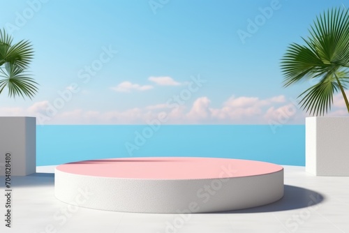 A podium  a pedestal  stage for advertising cosmetics products. Summer podium  rest  vacation.