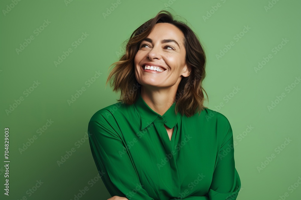 Portrait of a smiling woman in green shirt on a green background Portrait of a smiling woman in green shirt on a green background