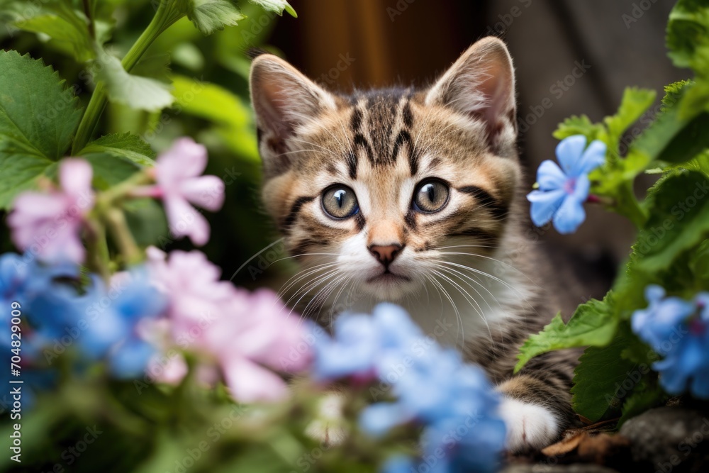 Striped grey kitten in flowers Striped grey kitten in flowers