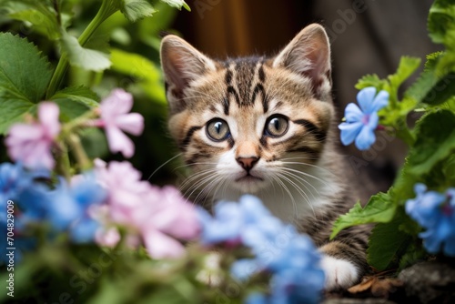 Striped grey kitten in flowers