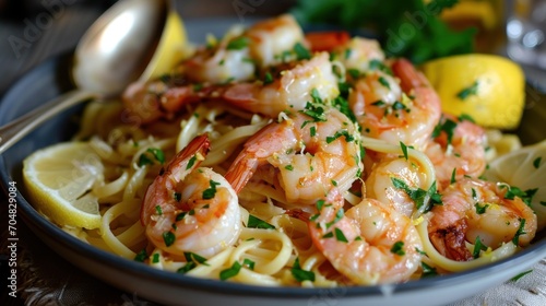  a plate of shrimp and pasta with lemon wedges and parsley garnished with parsley on the side.
