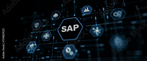 SAP - Business process automation software and management software. Icon on virtual screen