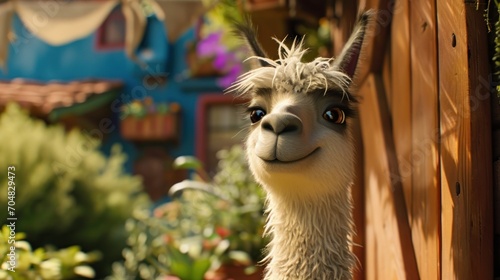  a close up of a llama looking out from behind a fence with a house in the background and flowers in the foreground.