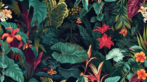  a bunch of tropical plants and flowers with green leaves and red and yellow flowers on the bottom of the picture.