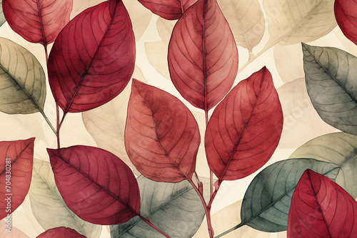 Elegant Red and Green Leaves Watercolor Background Illustration
