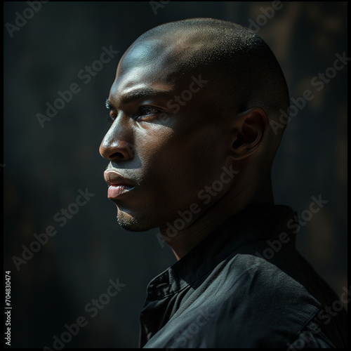 Black man with shaven head in shadow
