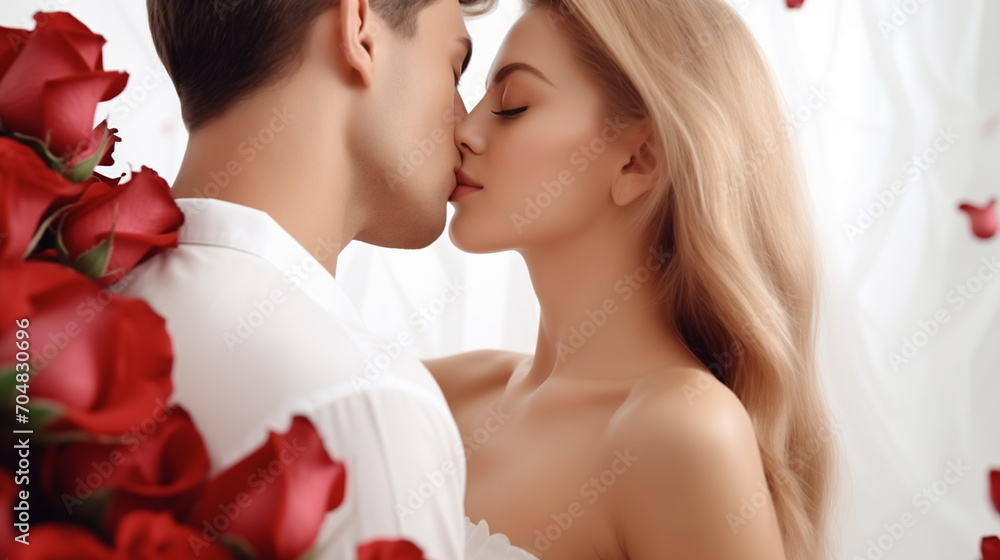 Beautiful couple kissing. White studio background with roses. Generative AI Beautiful couple kissing. White studio background with roses. Generative AI
