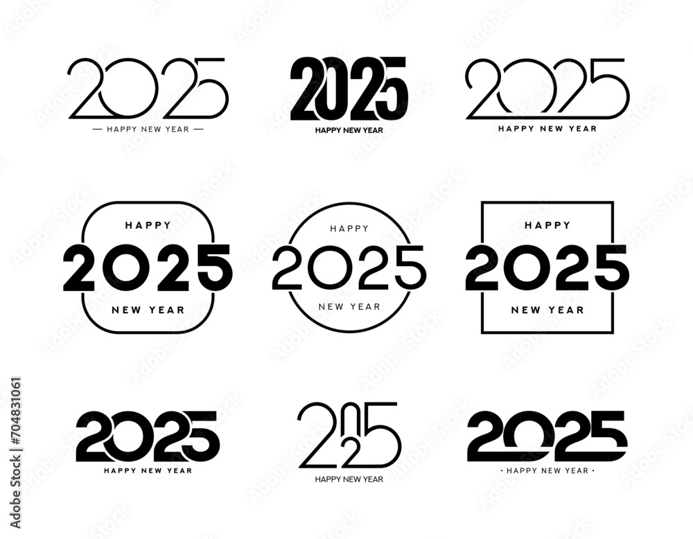Set of Happy New Year 2025 logos design. Vector illustration with black numbers 2025 isolated on