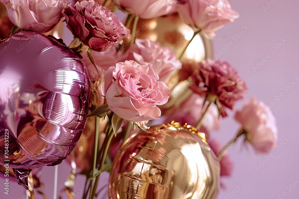 Rose gold and gold foil balloons with roses on a pastel pink and purple background, festive holiday greeting